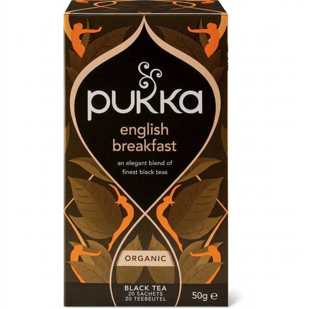 Pukka English Breakfast sort te i ny brun og sort indpakning med orange detaljer, 20 breve, 50 g