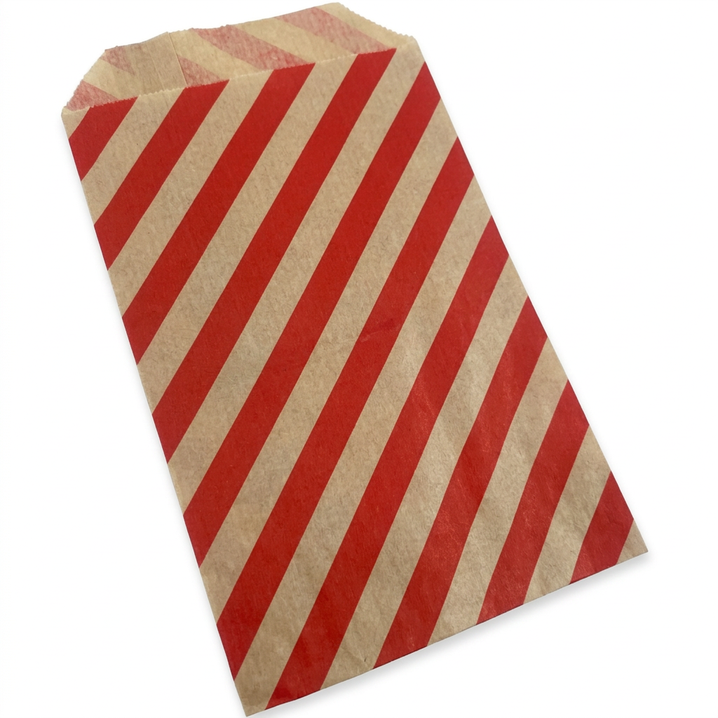 Slikposer i brunt kraftpapir med røde striber, 10 × 16 cm, 1.000 stk.