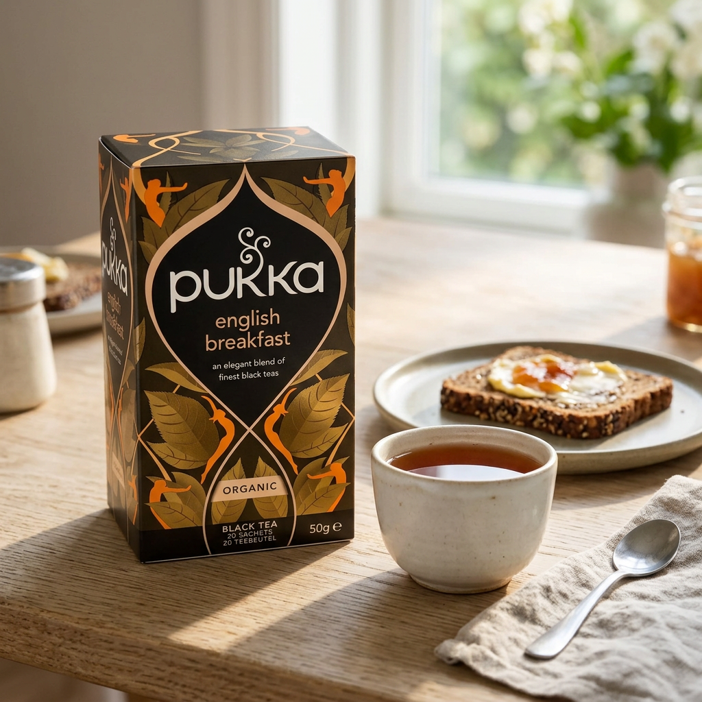 den af Pukka English Breakfast med ingredienser, tilberedningsvejledning og mærkninger