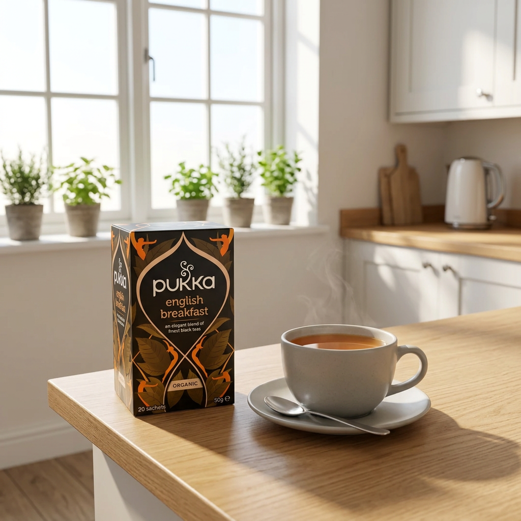 Miljøbillede: Pukka English Breakfast og en kop sort te i et lyst tekøkken