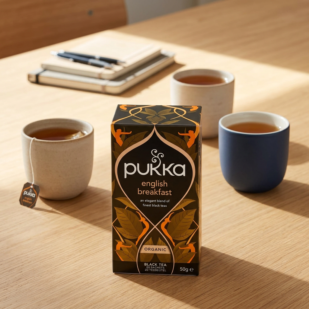 Pukka English Breakfast med tekopper og notesbøger på et mødebord