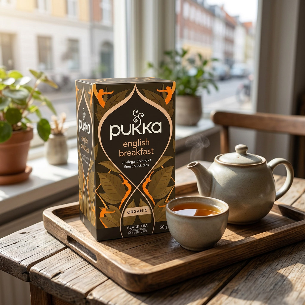 Pukka English Breakfast på en træbakke med tekande og tekop ved et cafévindue
