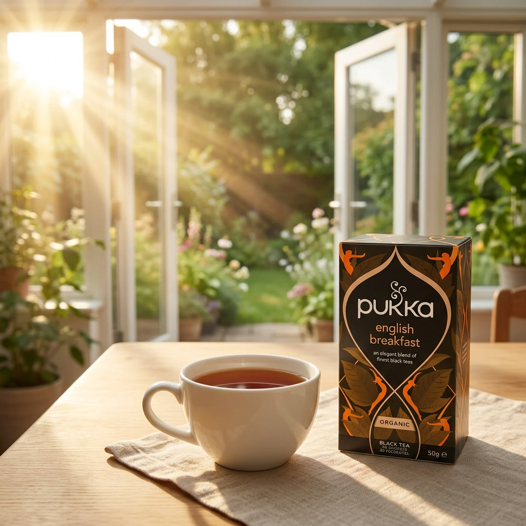 Pukka English Breakfast og en kop sort te i en solrig udestue med udsigt til haven