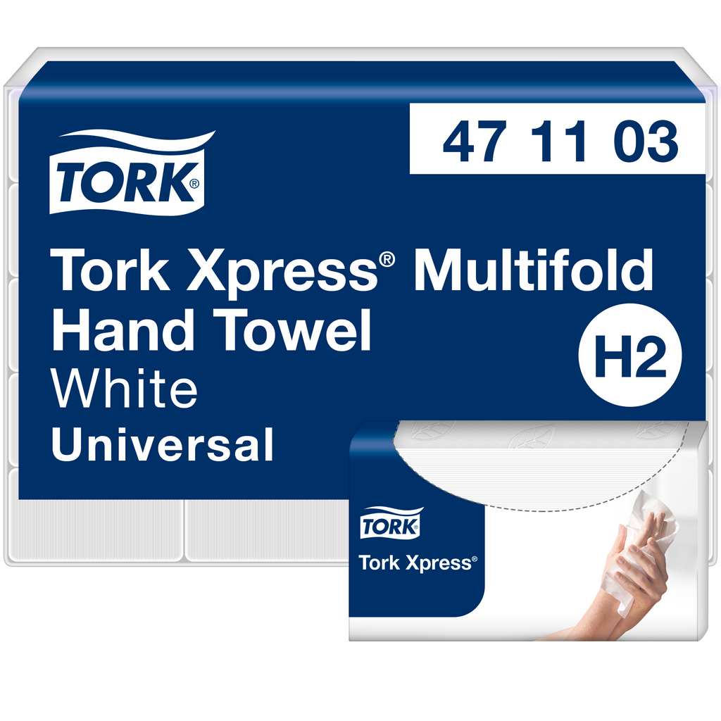 Tork Xpress Universal 471103, hvide multifold håndklædeark til H2-systemet i blå emballage