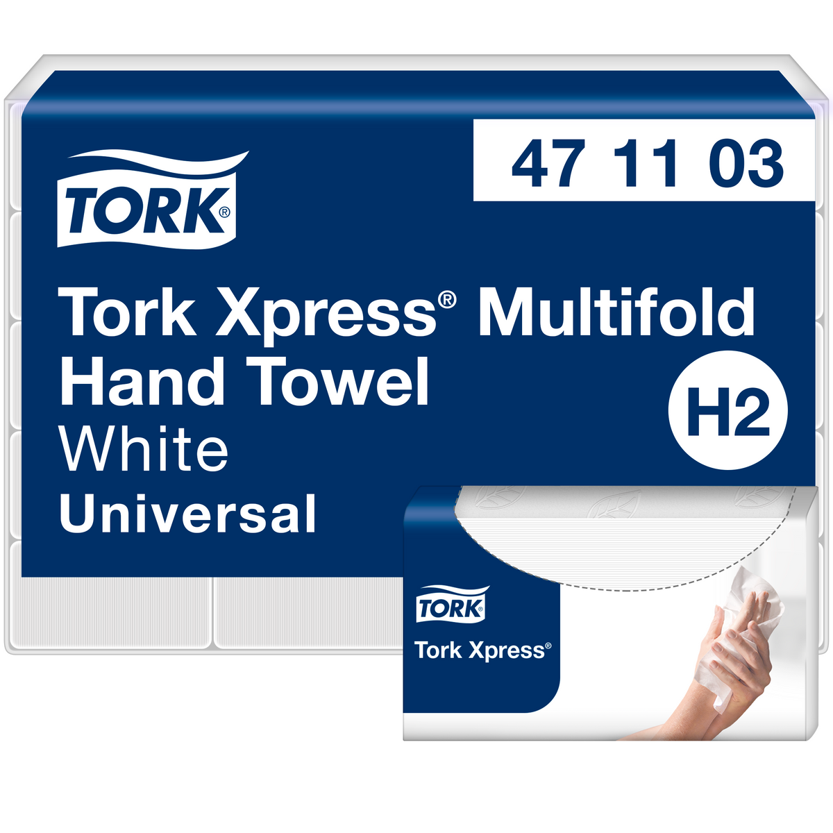 Tork Xpress Universal 471103, hvide multifold håndklædeark til H2-systemet i blå emballage