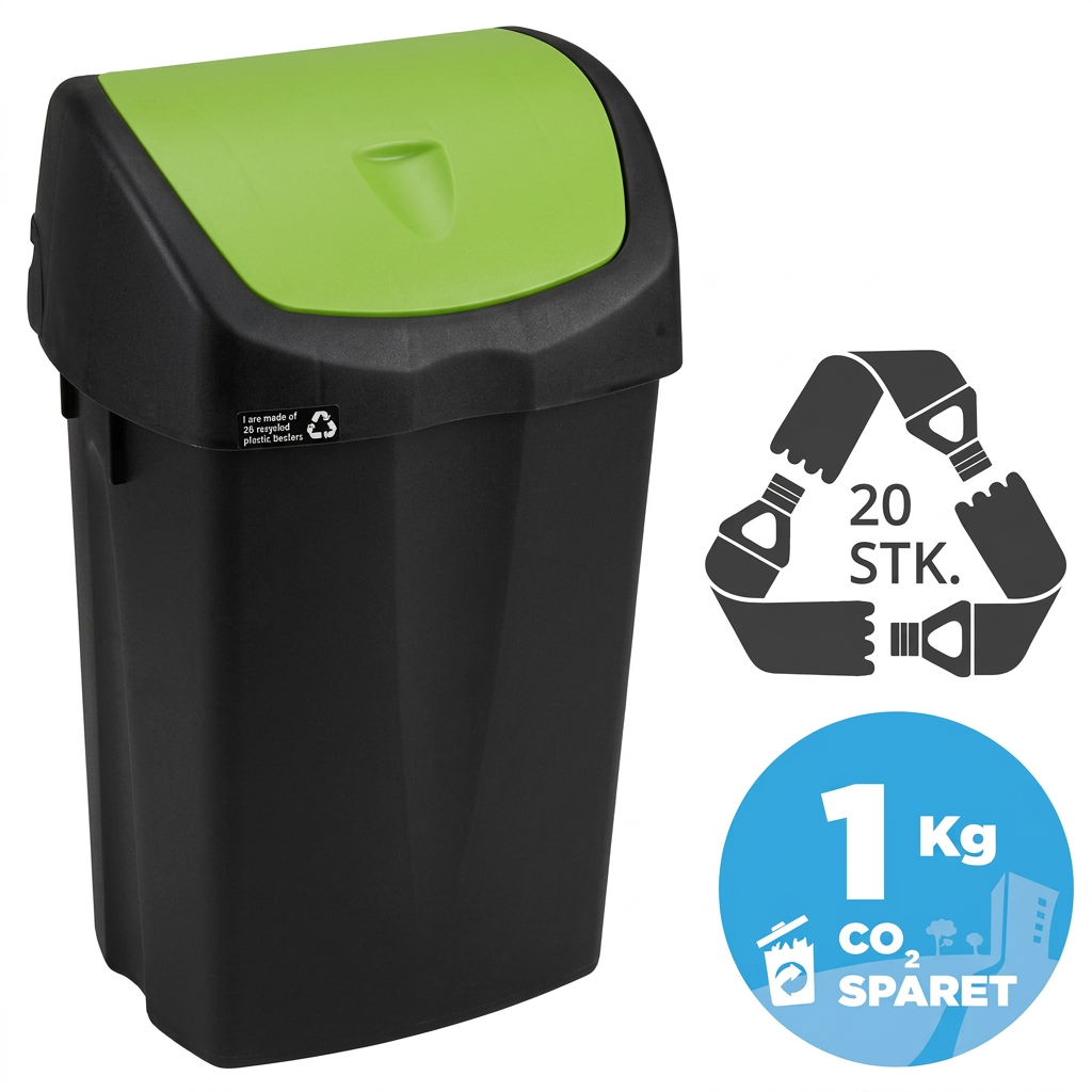 Affaldsspand Nordic Recycle 15 liter, sort med grønt vippelåg