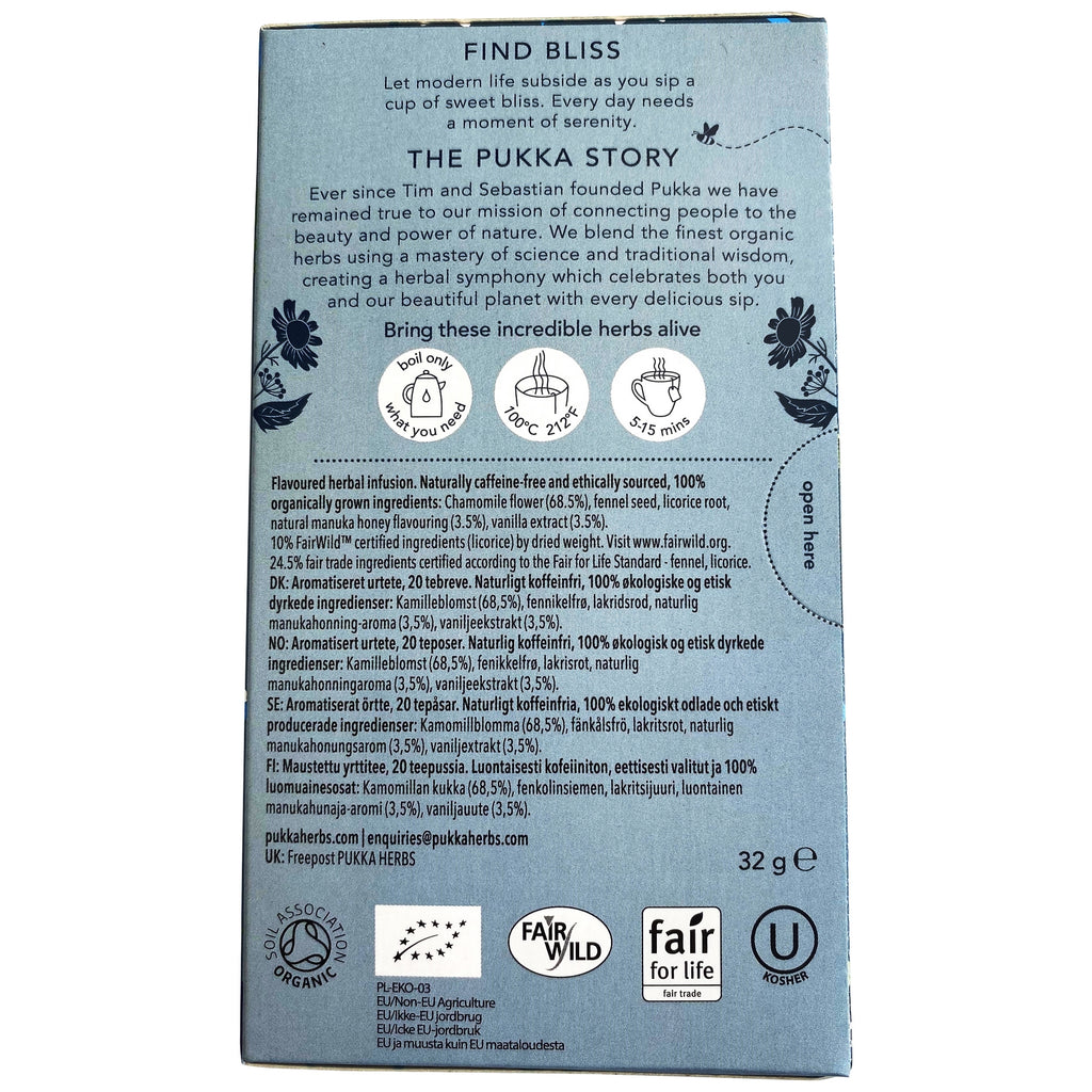 Pukka Te Chamomile, Vanilla & Manuka Honey 20 breveBagside