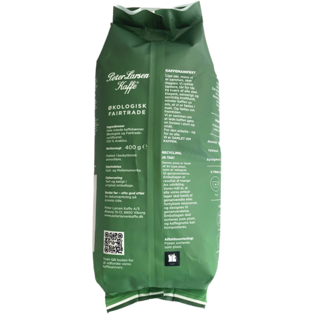 Peter Larsen Kaffe Hel Bønne Økologisk Fairtrade 400g BAGSIDEN
