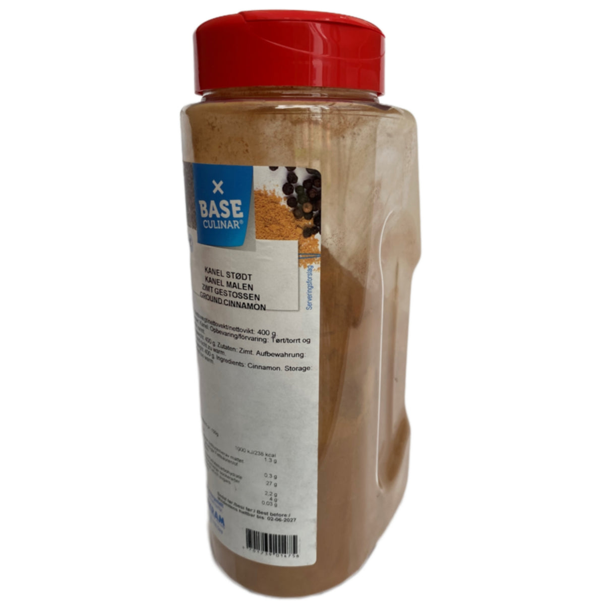 Kanel Stødt 400 g Base Culinar Maxi Strødåse set lidt skråt fra