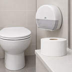 Tork T2 Mini Jumbo-toiletrulle på hylde ved toilet og hvid Tork-dispenser