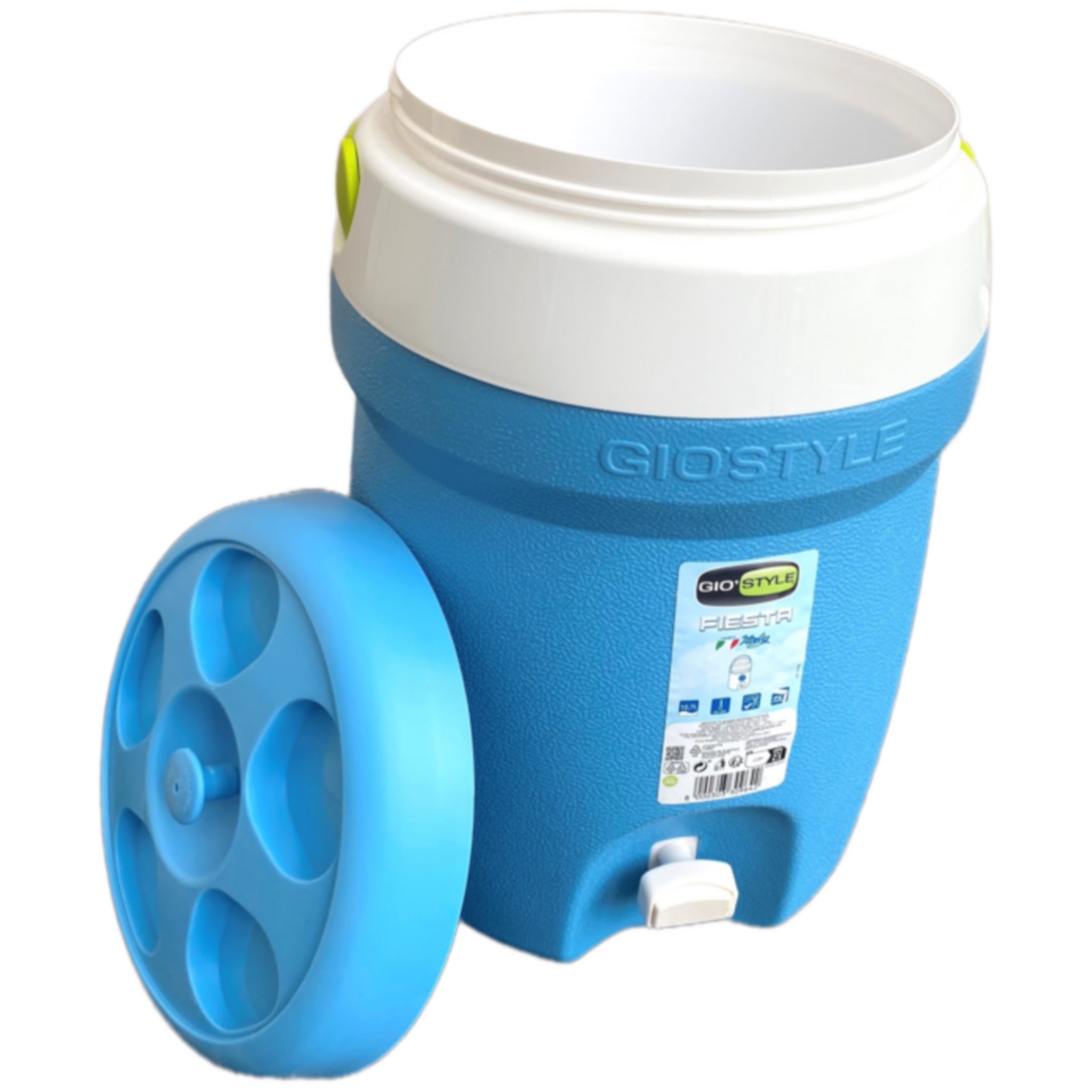 Termovandbeholder med Taphane 10,7 liter Blå Med Låg stående ved siden af