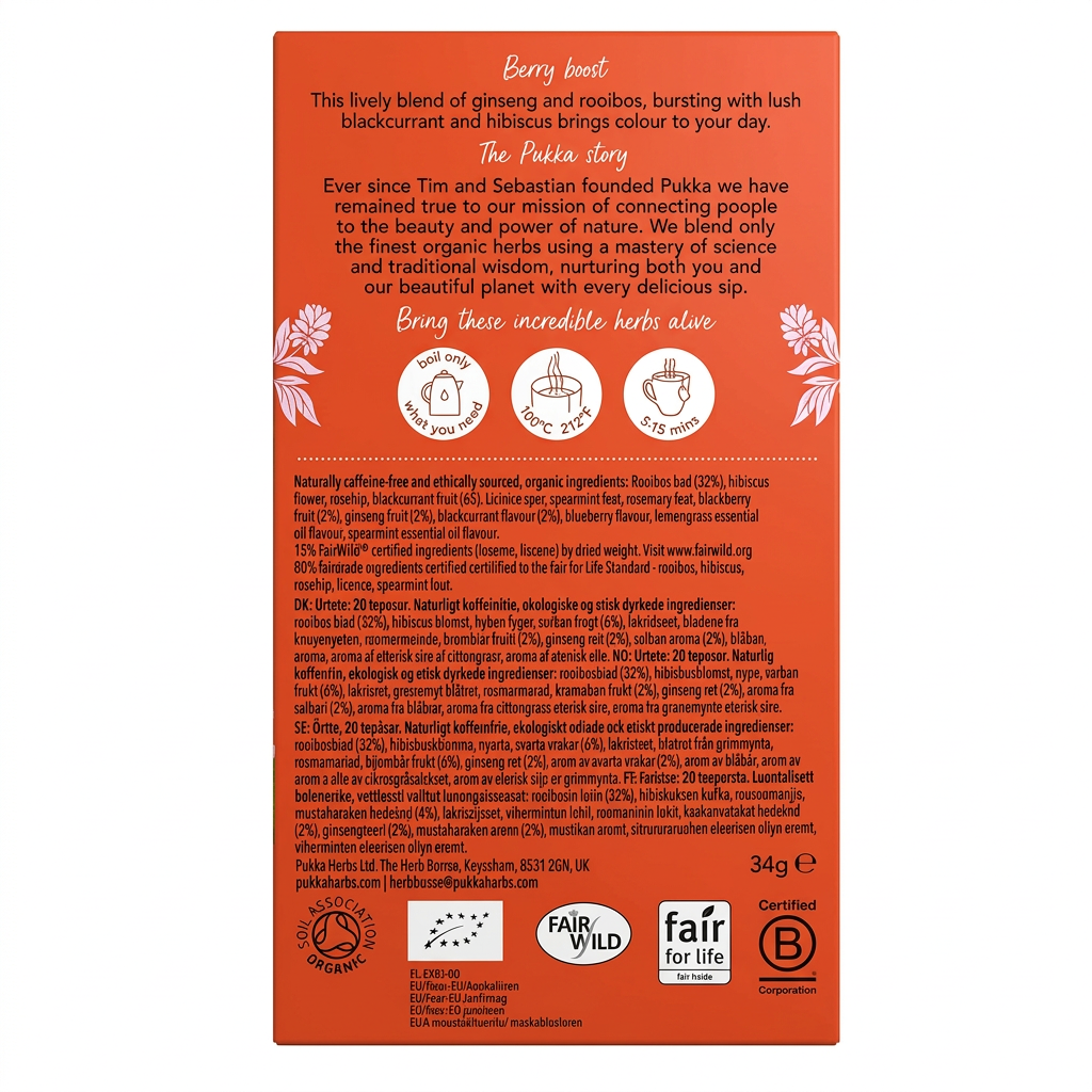 Urte- og frugtte Pukka Morning Berry økologisk, 20 breve, 34 g