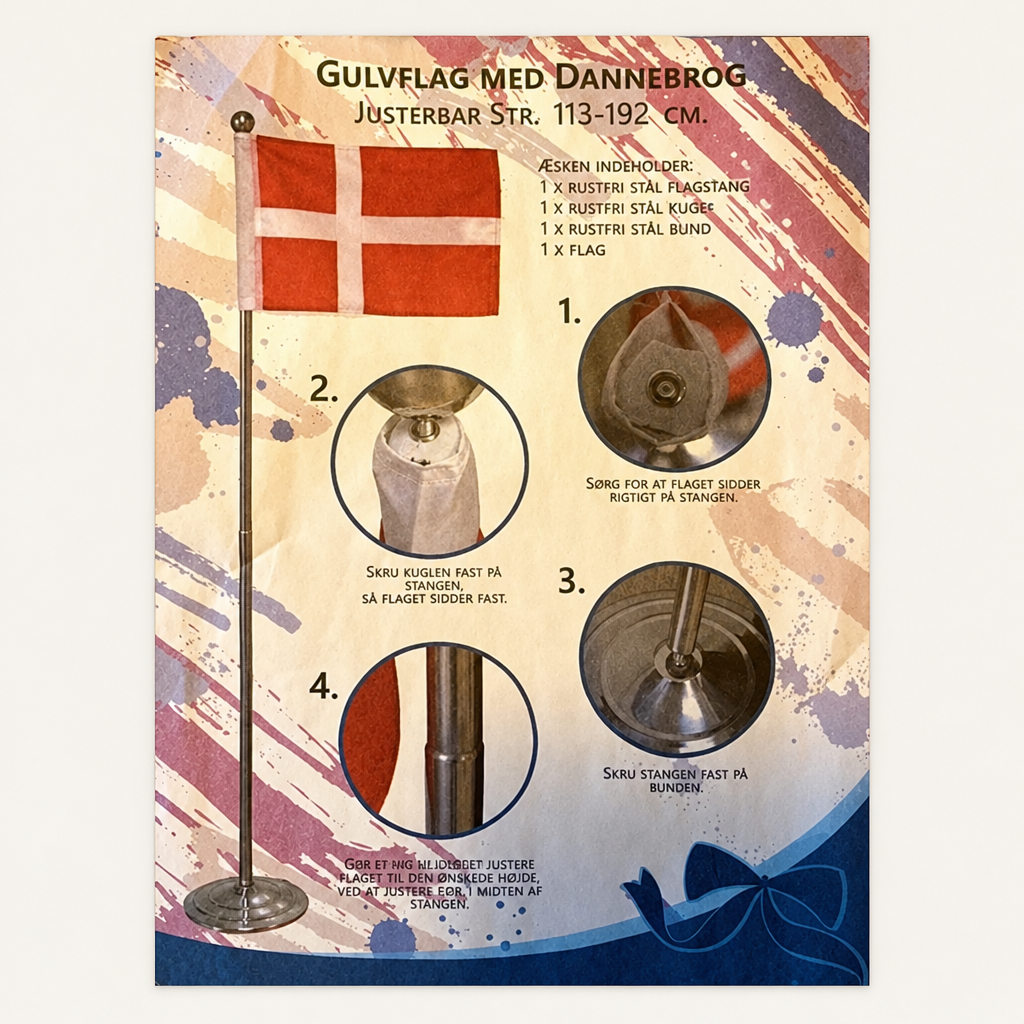 Gulvflag Dannebrog i rustfrit stål, justerbart 113–192 cm