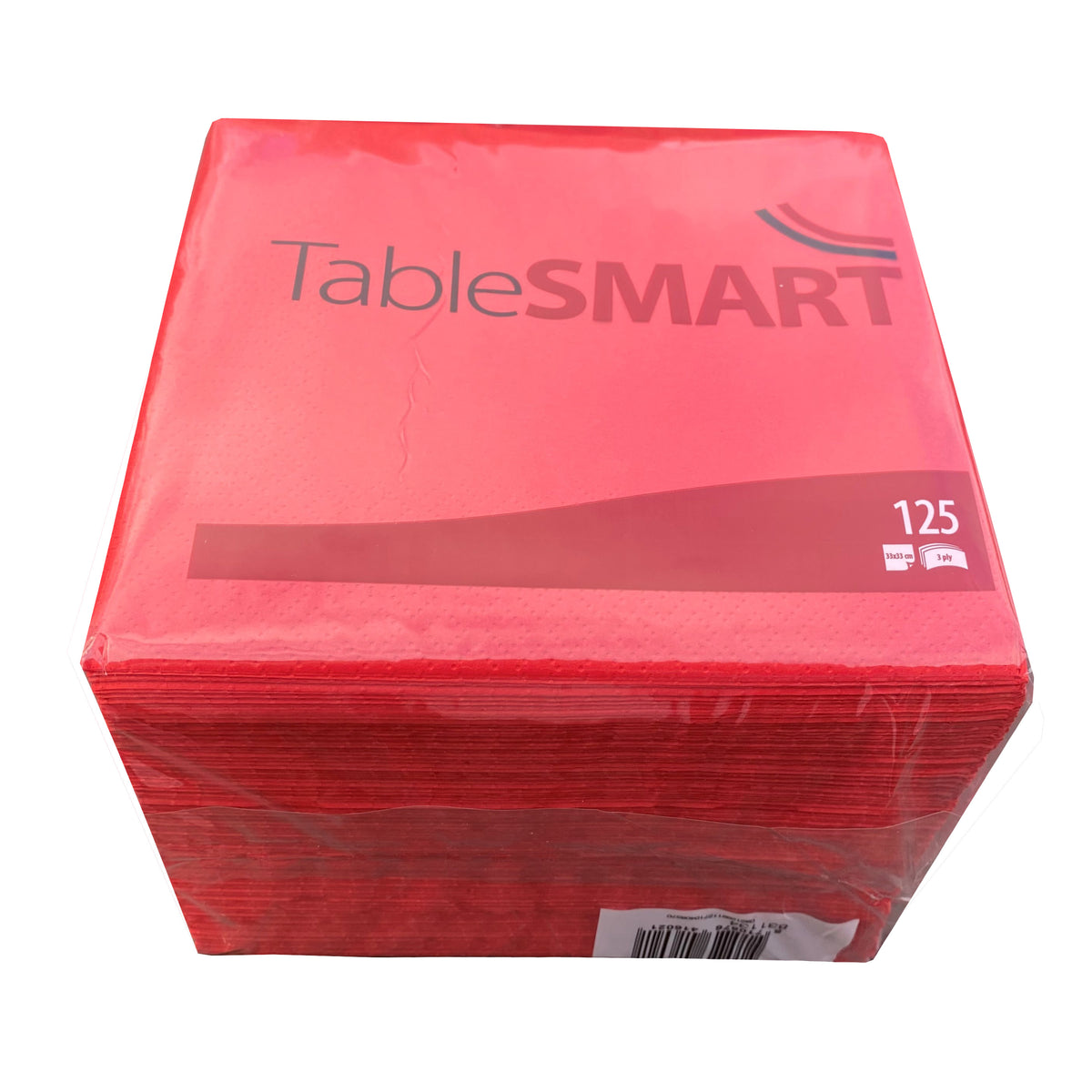 Pakke med 125 røde TableSMART-servietter i 3 lag, 33 × 33 cm, set skråt ovenfra