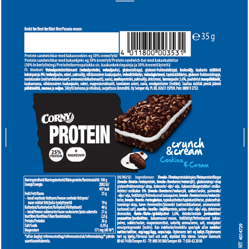 Corny Protein Crunch&Cream Cookies & Cream 24x35g Bagsiden Indhold