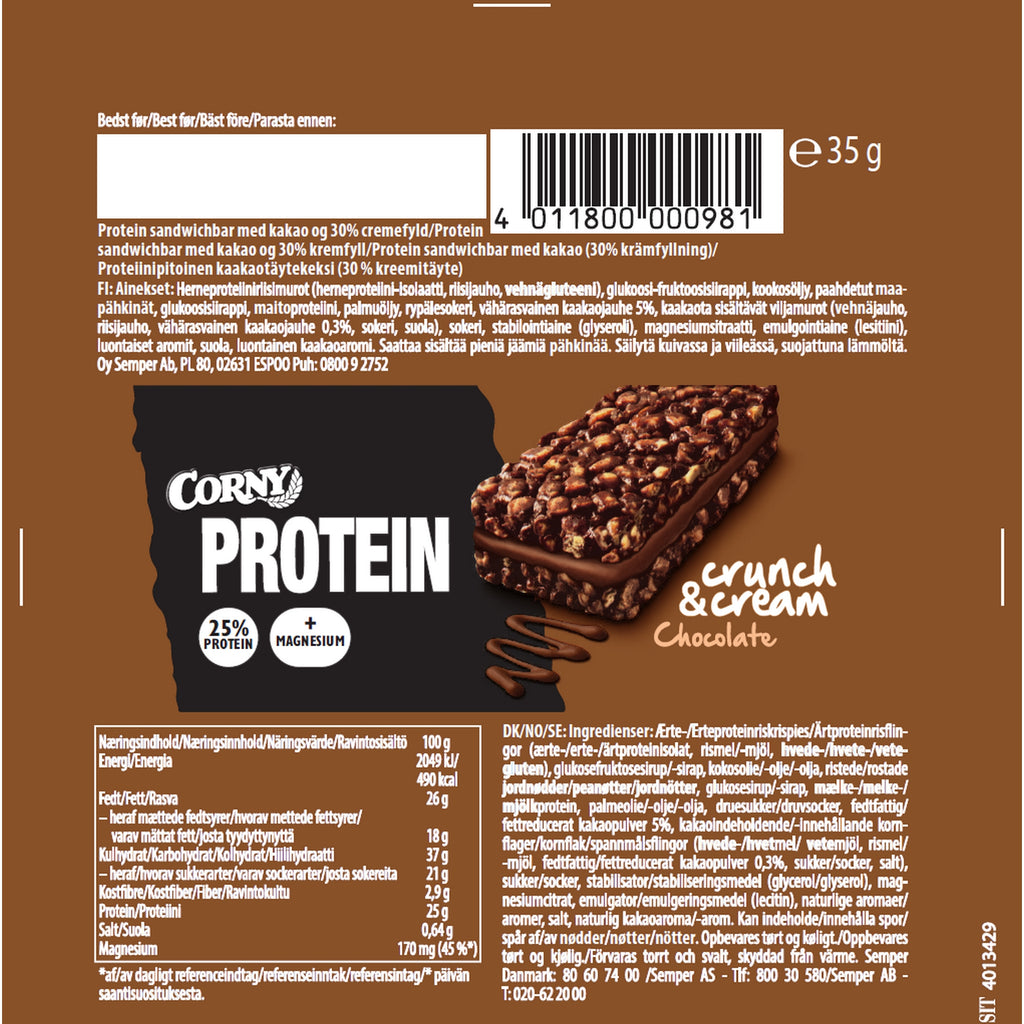Corny Protein Crunch&Cream Chocolate 24x35g Bagsiden Indhold
