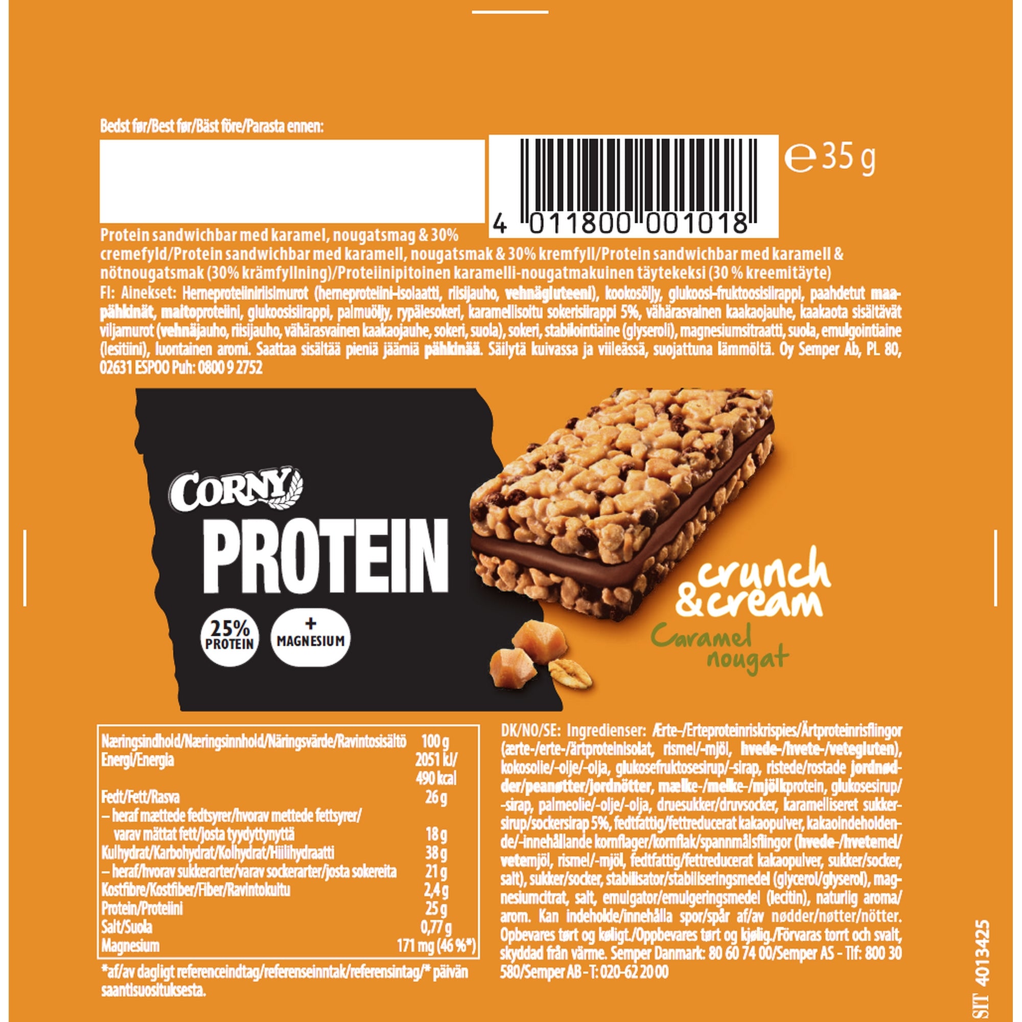 Corny Protein Crunch&Cream Caramel Nougat 24x35g Bagside med Indhold