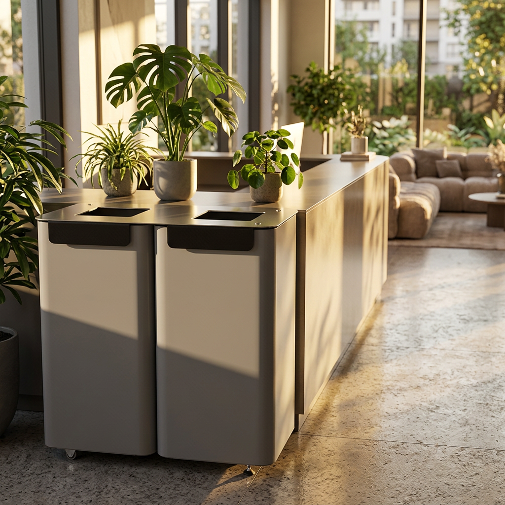 Modulspande med to rum i reception med sollys og planter