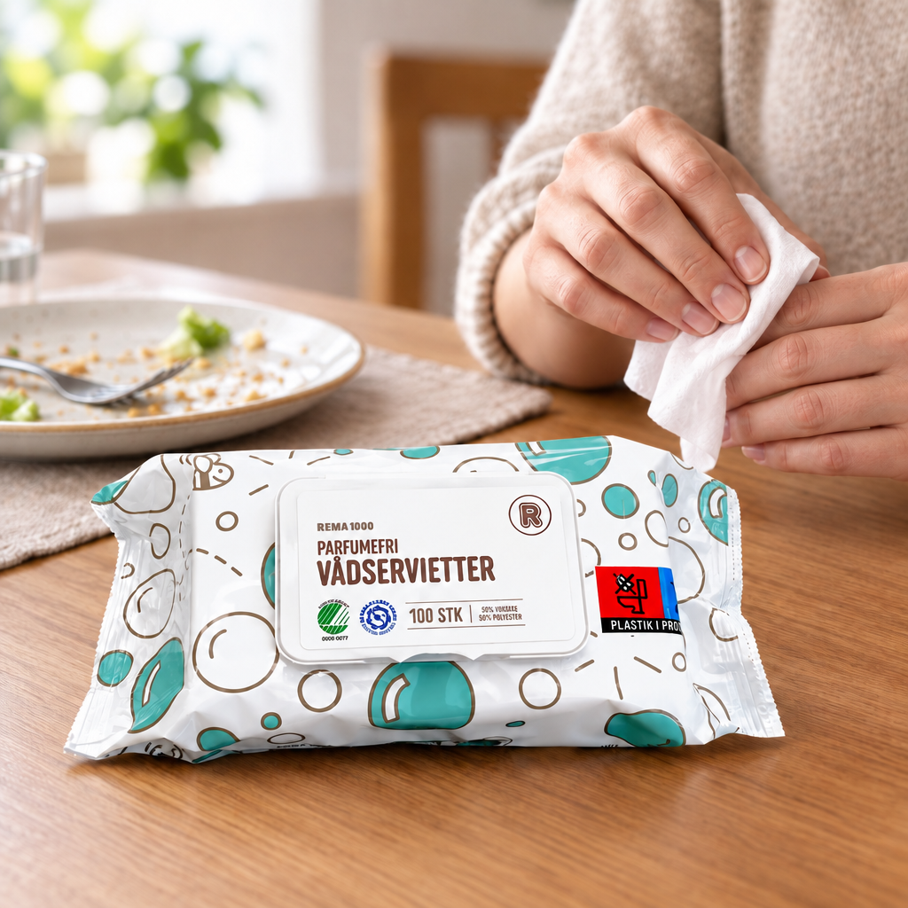Vådservietter REMA 1000 uden farve og parfume, 100 stk.