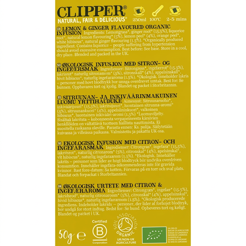 Urtete Clipper Citron & Ingefær økologisk, 20 breve, 50 g