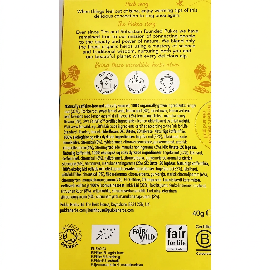Urtete Pukka Lemon, Ginger & Manuka Honey økologisk, 20 breve, 40 g
