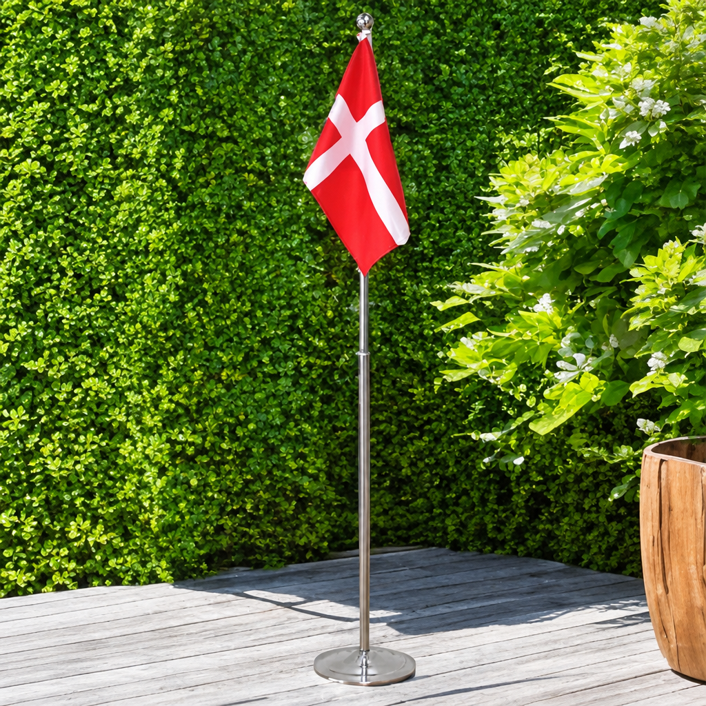 Gulvflag Dannebrog i rustfrit stål, justerbart 113–192 cm