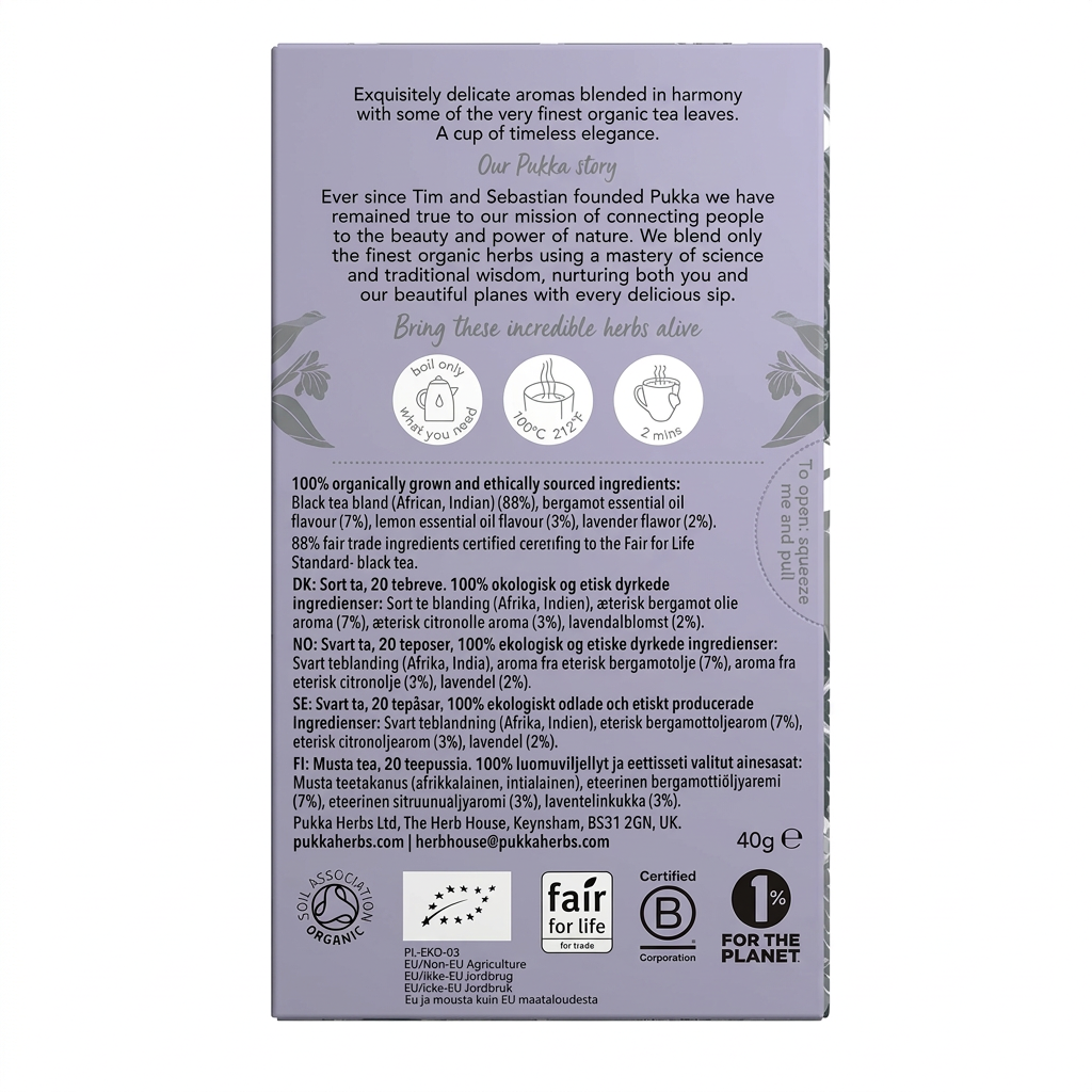 Sort te Pukka Gorgeous Earl Grey økologisk, 20 breve, 40 g