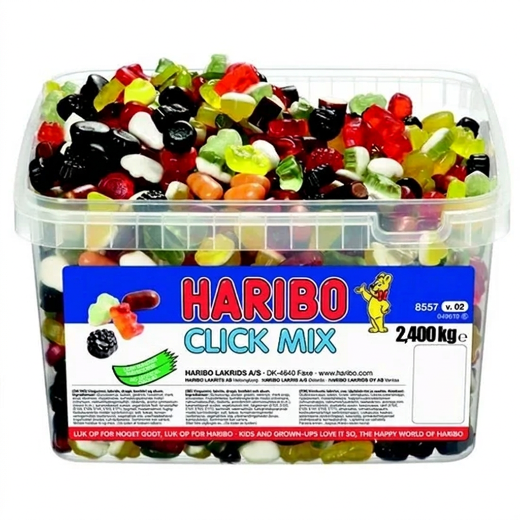 Slik Haribo Click Mix, vingummi, lakrids og skum, 2,4 kg