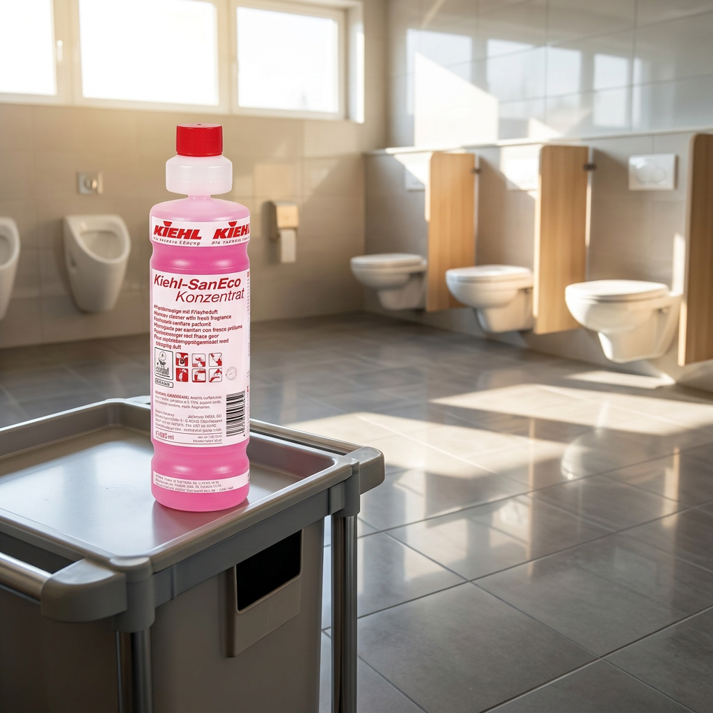SanEco-Koncentrat på rengøringsvogn i solrigt toiletrum