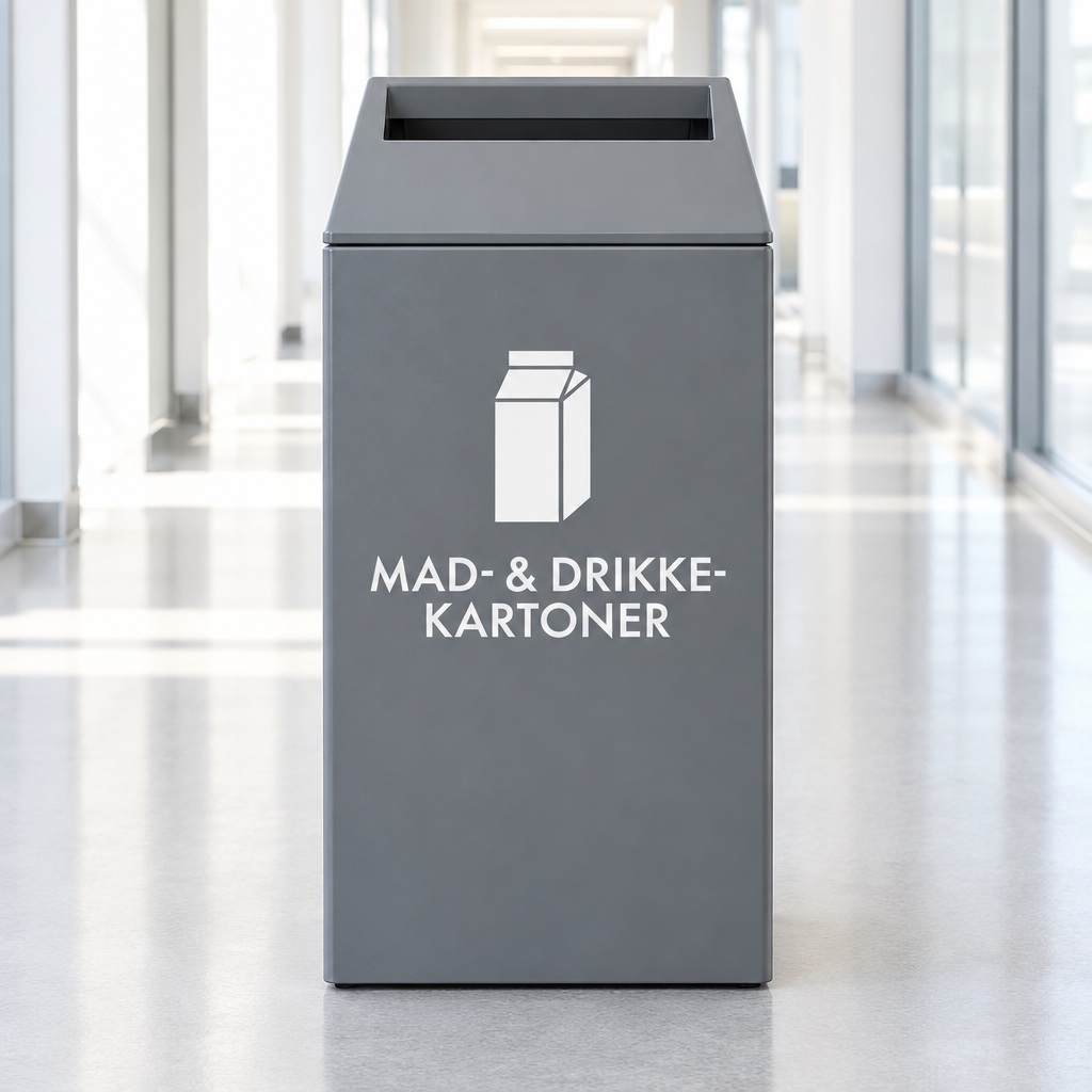 Kartonbeholder med hvidt piktogram i lys gang
