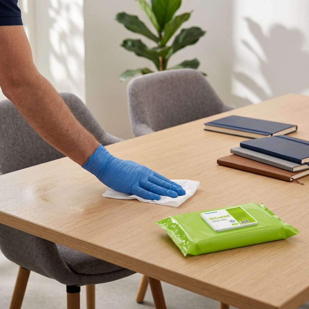 Miljøbillede: medarbejder med blå rengøringshandske aftørrer mødebord i virksomhed med Wet Wipe Universal Maxi