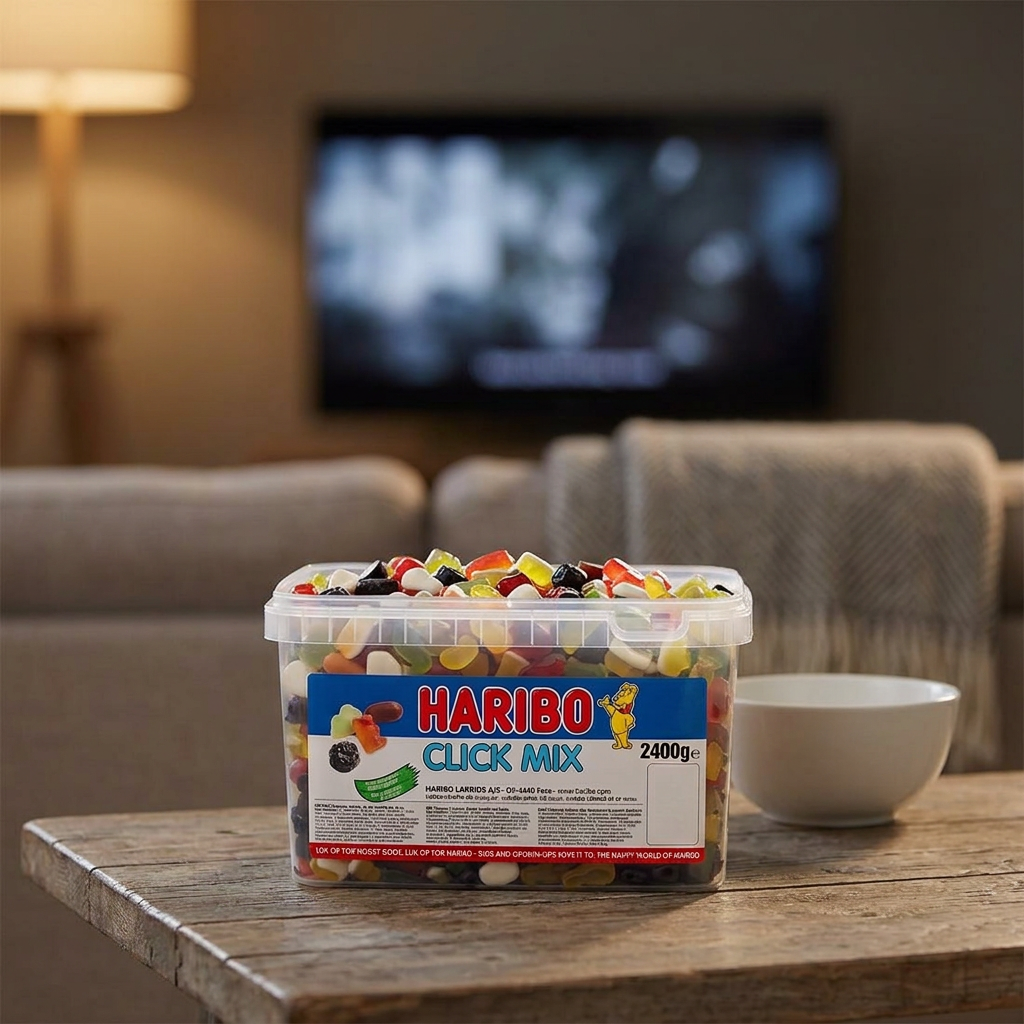 Haribo Click Mix ved en filmaften med serveringsskål