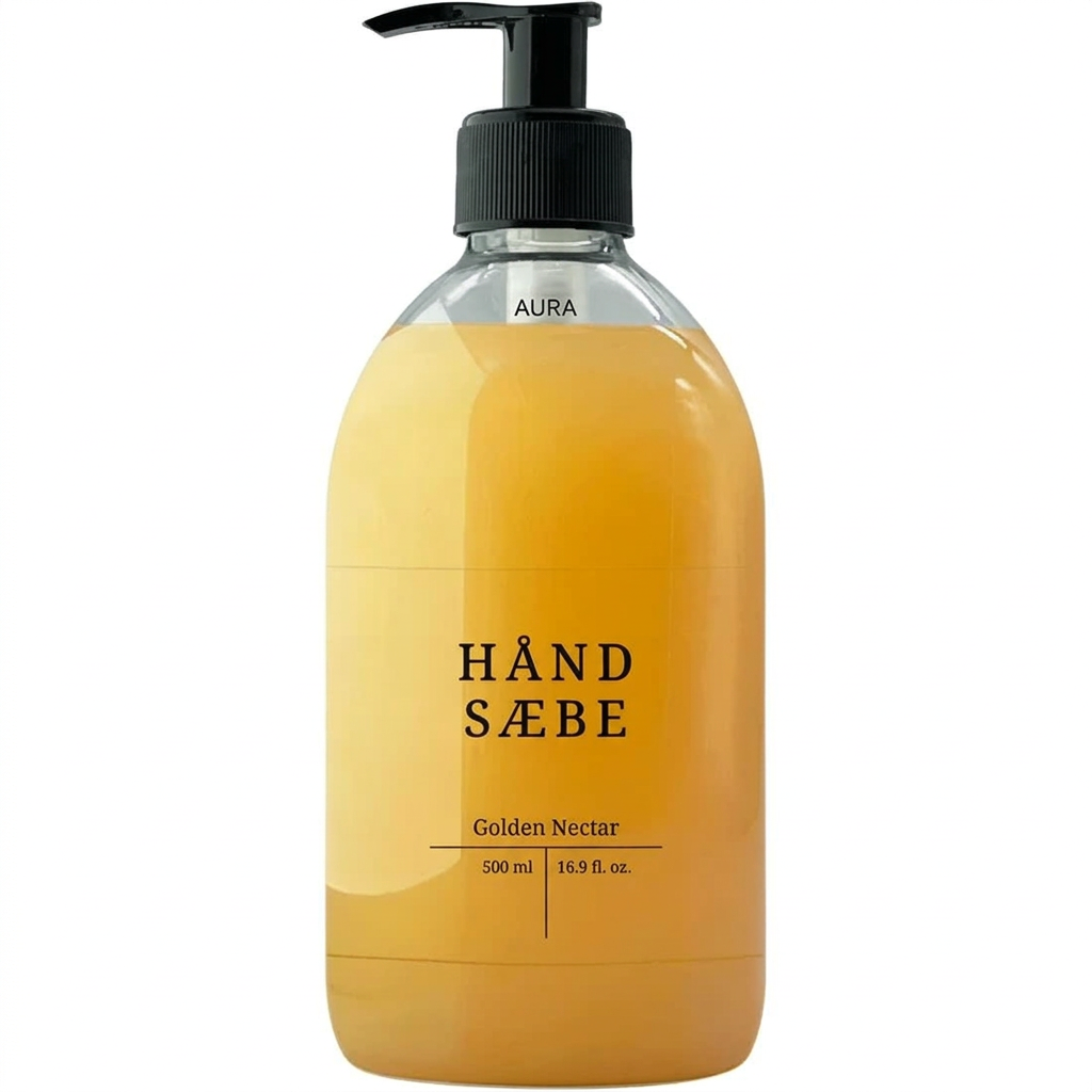 Golden Nectar håndsæbe, 500 ml med sort pumpe, på hvid baggrund