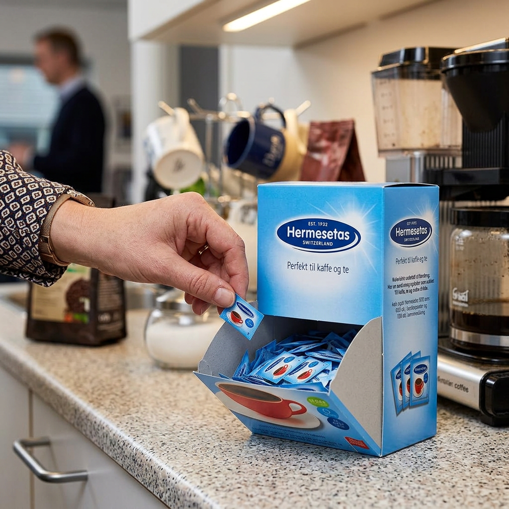 Voksen tager et portionsbrev fra Hermesetas-æsken, stemningsbillede