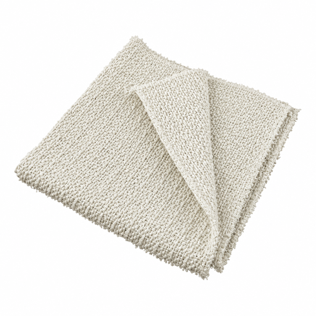 Foldet ubleget gulvklud til syning, ca. 45 × 48 cm, uden blå stikninger
