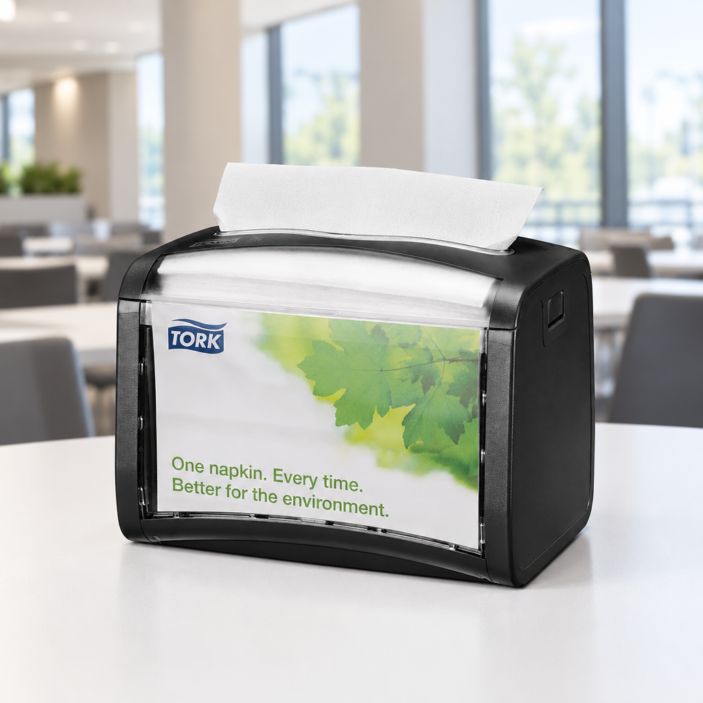 Sort Tork Xpressnap borddispenser på bord i konferencestedets spisestue