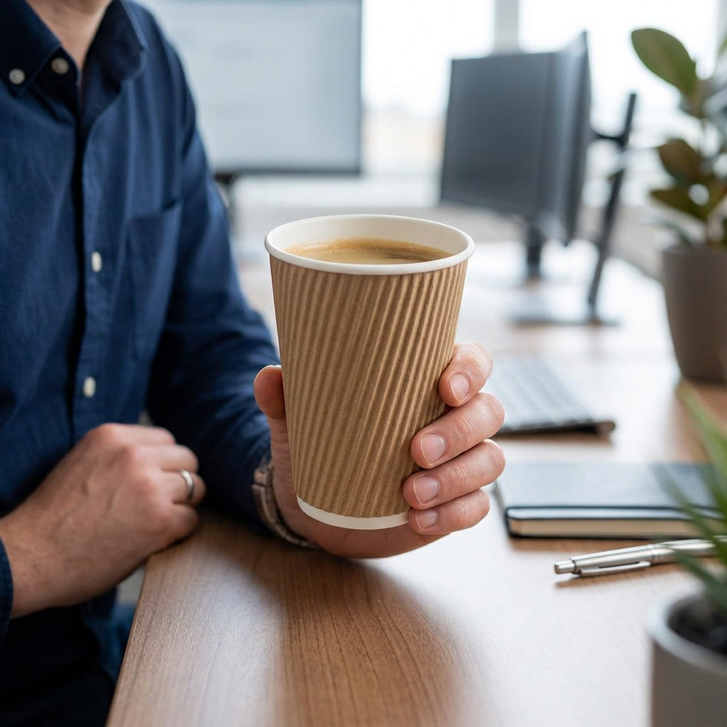 Voksen holder brunt Ripple-Wrap kaffebæger med kaffe ved skrivebord