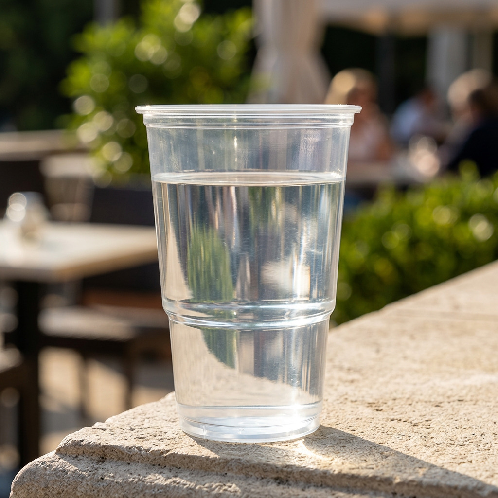 Klart plastglas med vand på en solrig terrasse
