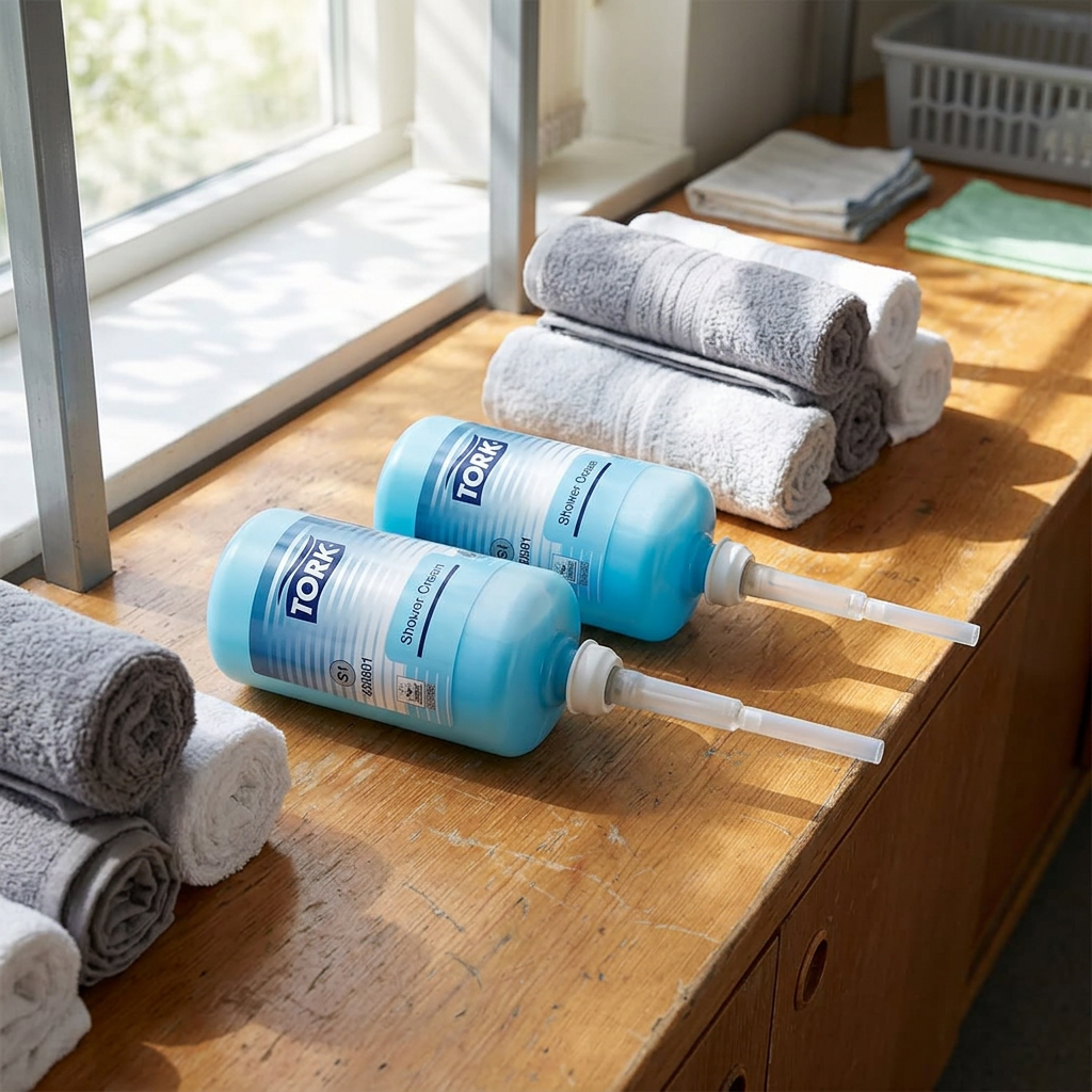 To Tork S1 Shower Cream-refills på solbelyst servicebord; salgskassen indeholder seks