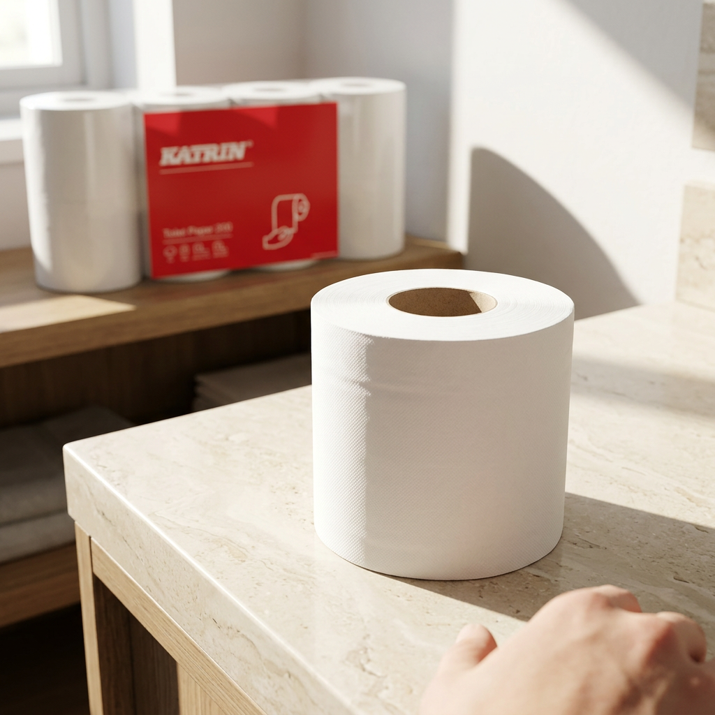 Toiletrulle på stenbord med Katrin-pakke i baggrunden