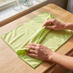 Voksen folder grøn mikrofiber-glasklud ved solrigt vindue