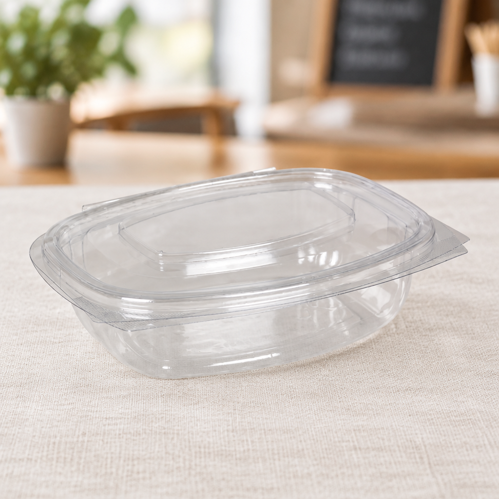 Tom oval salatbakke med låg på lyst tekstil i cafémiljø