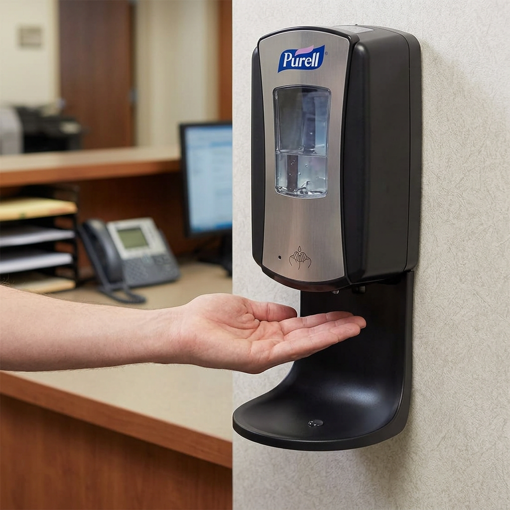 Sort drypbakke under Purell LTX-12 i krom/sort ved reception med hånd i doseringsområdet
