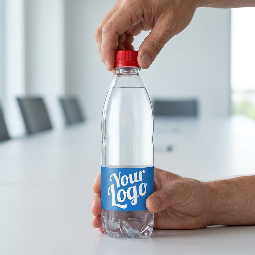 Rødt låg drejes på en 0,5-liters logovandsflaske med blå etiket