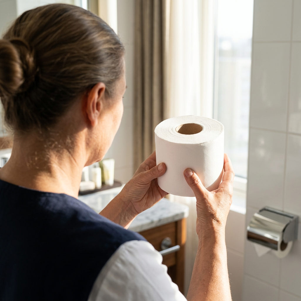 Medarbejder holder en hvid toiletrulle ved solbelyst vindue