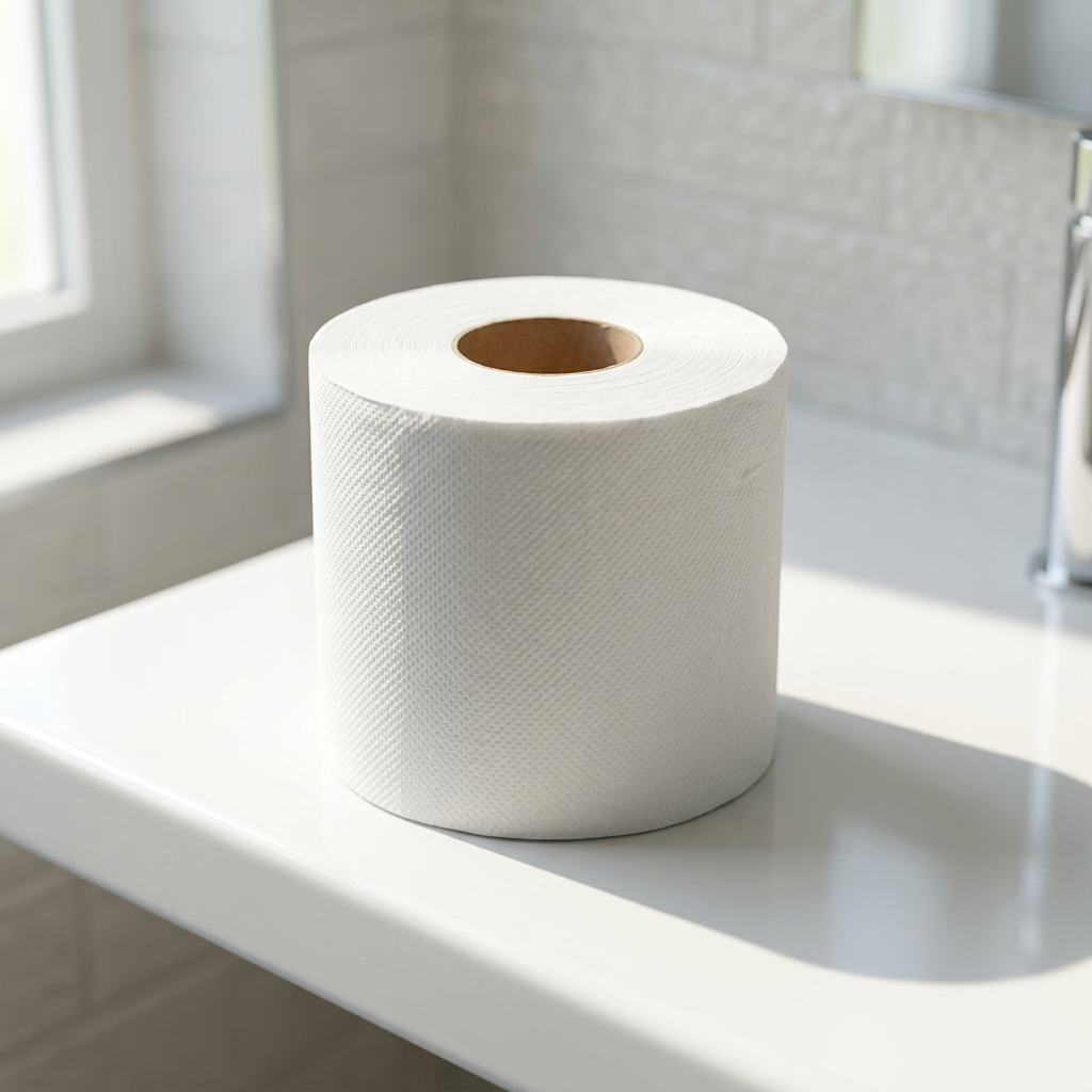 Hvid toiletrulle på hylde i solbelyst hotelbadeværelse
