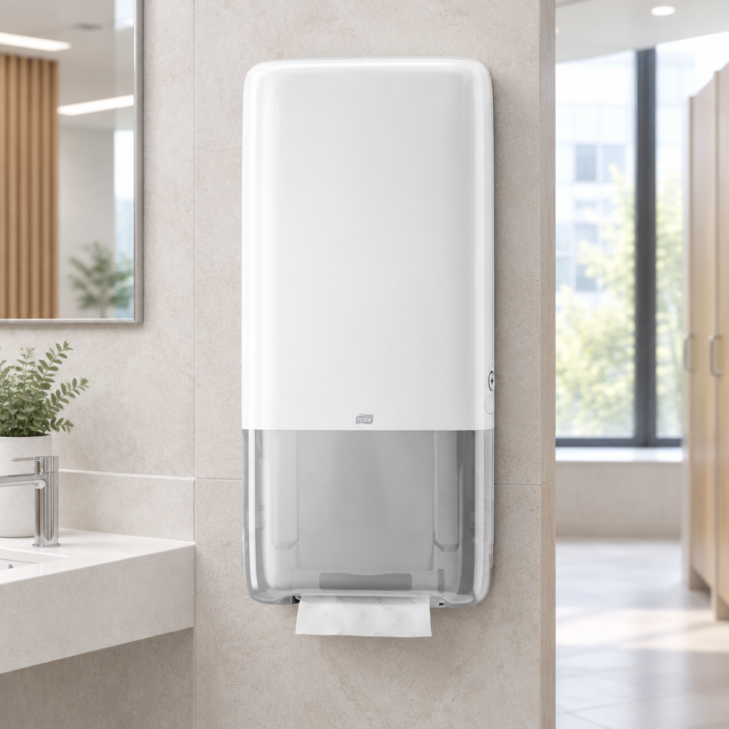 Hvid Tork H5 PeakServe 552500 standarddispenser på lyst kontortoilet