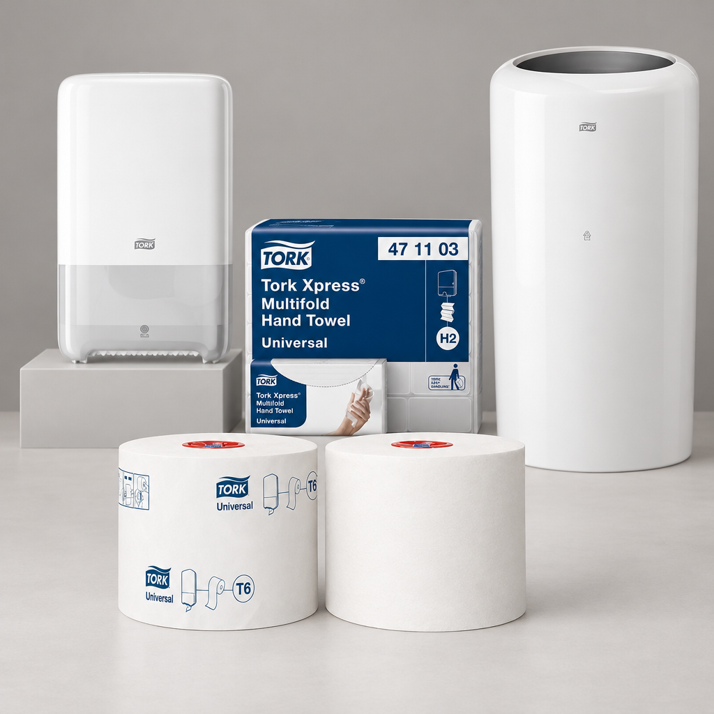 Tork T6-toiletpapirruller med separat dispenser, H2-papirkasse og affaldsbeholder