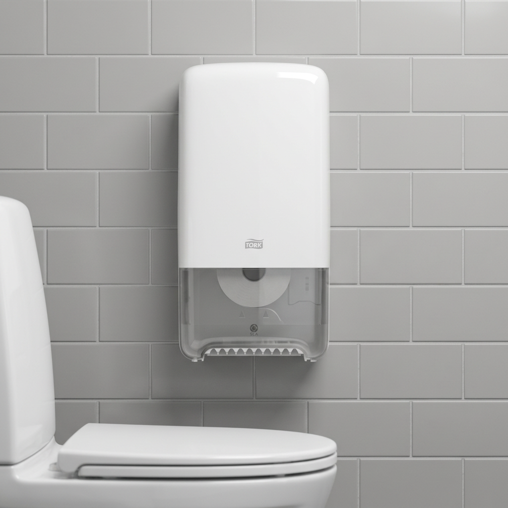 Hvid Tork T6 Twin-dispenser på lysegrå flisevæg ved toilet