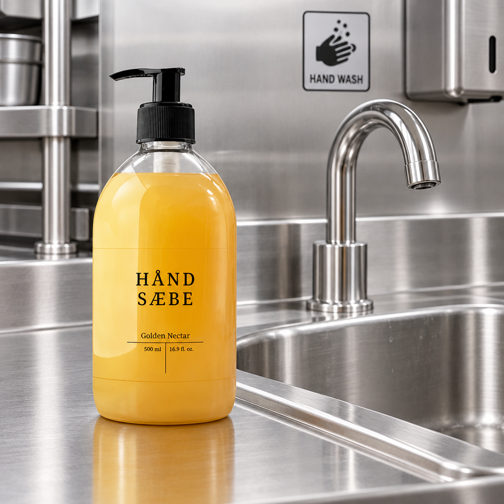 Golden Nectar håndsæbe ved en håndvaskestation i rustfrit stål